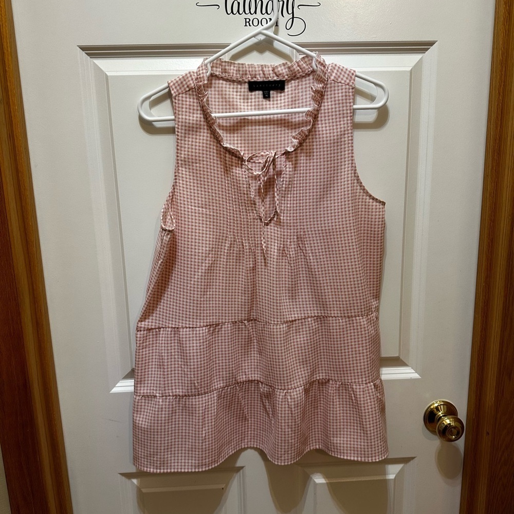 Sanctuary Pink White Gingham Tiered Sleeveless Blouse Ruffle Tie Neck Size M